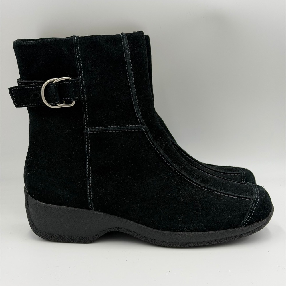 NWOB Dr Scholls Diahanna Black Suede Leather Ankle Boots Womens Size 6 Wedge